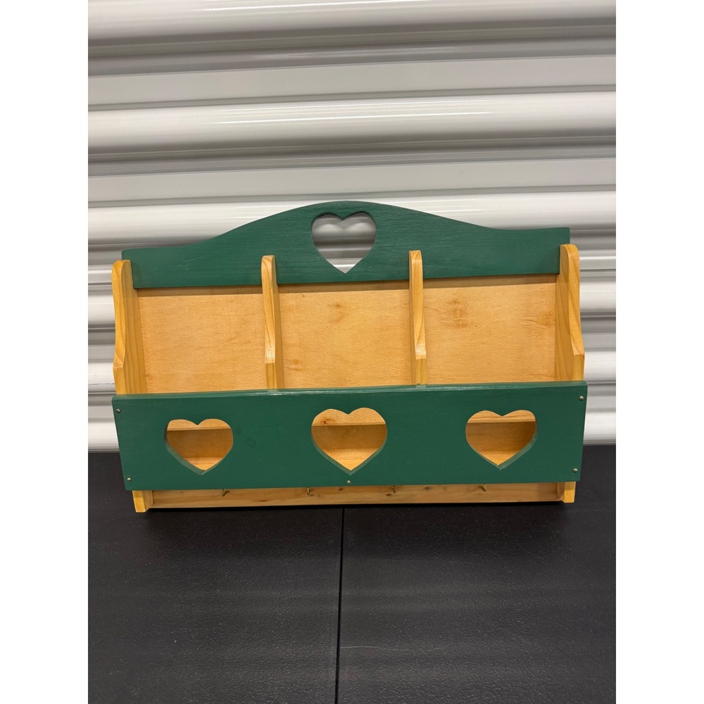 Vintage Wooden Wall Mail Sorter Key Holder Green Heart Folk Art Organizer